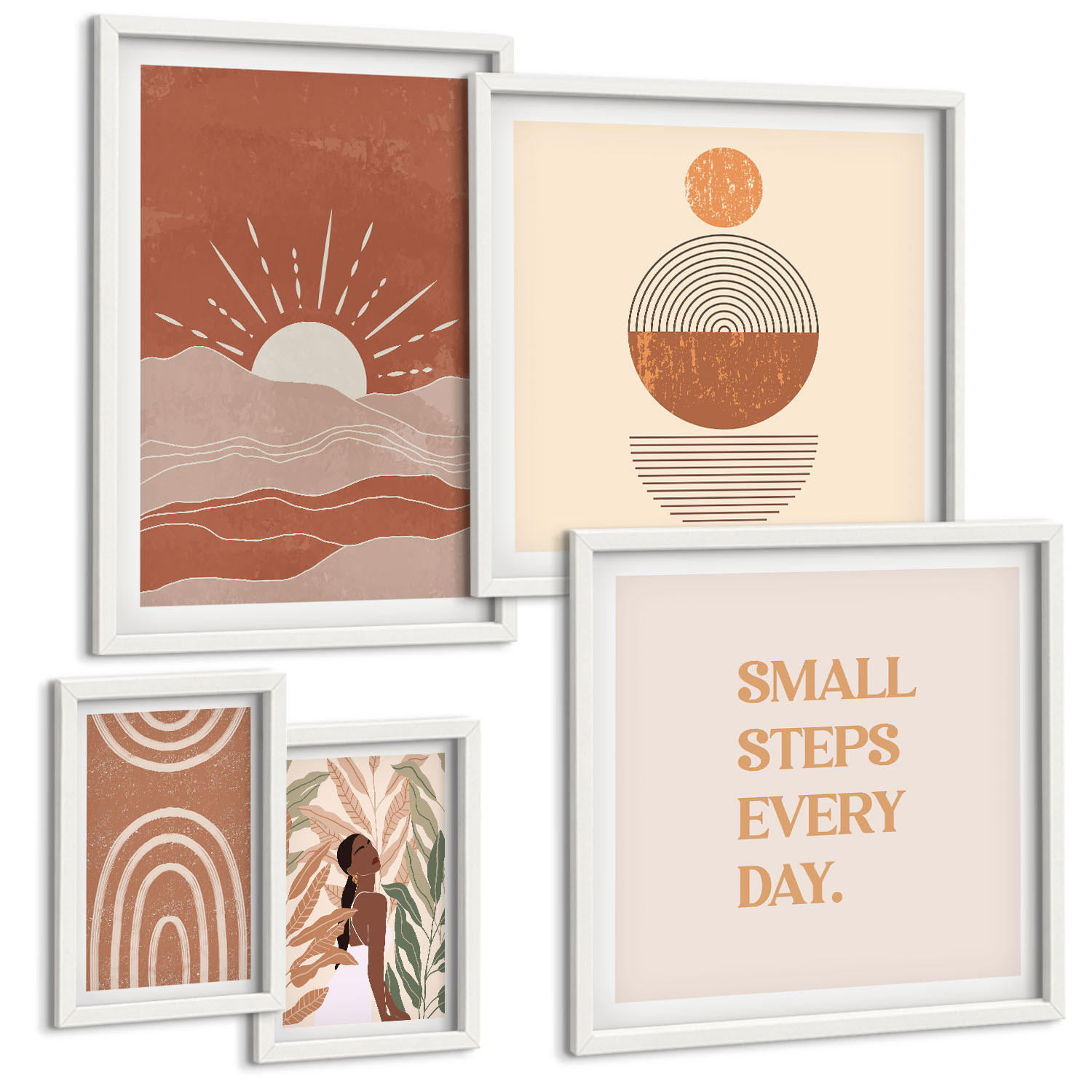 BILDER SET 5er Set - 50x50 cm & 20x30 cm & 40x60 cm Weißer Rahmen - Ein entspannter Buddha am Strand - Weiß, Kunststoff (40/60cm) - TULUP