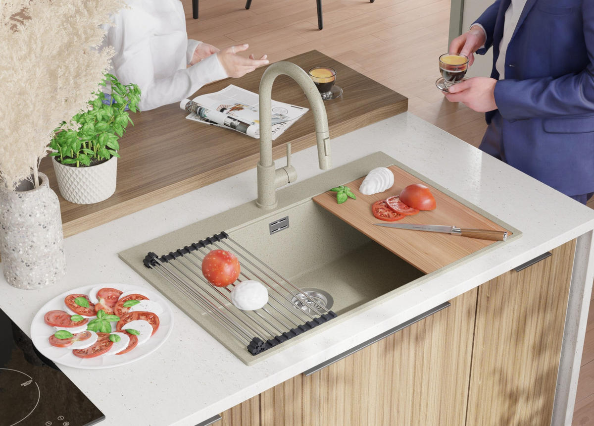 GRANITSPÜLE Oslo, 2-er set Beige 78/50 cm 1 Becken + Küchenarmatur 32/20 cm + Ablauf-Set + Schneidebrett ab 80er Unterschrank - Beige, Kunststoff (78/20/50cm) - Primagran