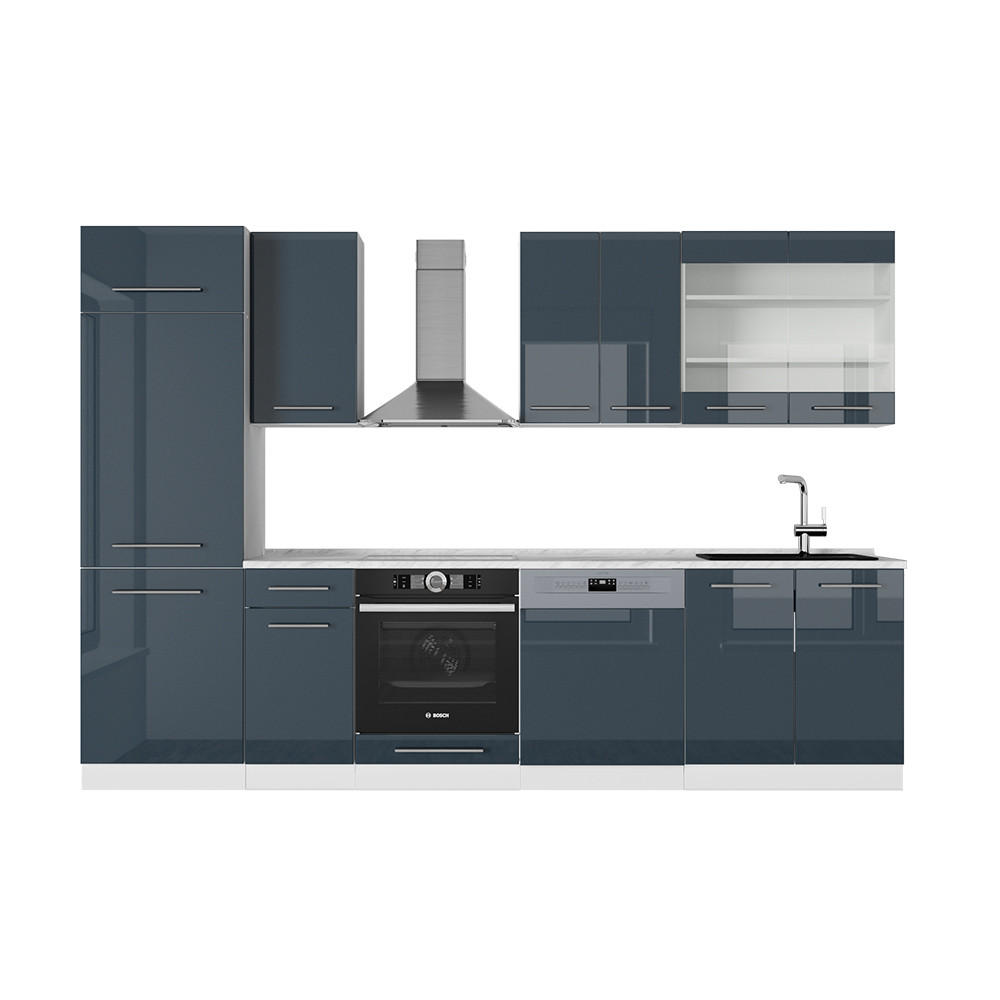 KÜCHENZEILE Fame-Line Dunkelblau Hochglanz/Weiß 300 cm, AP Marmor - Dunkelblau/Weiß, Holzwerkstoff (300/81.6/60cm) - Vicco