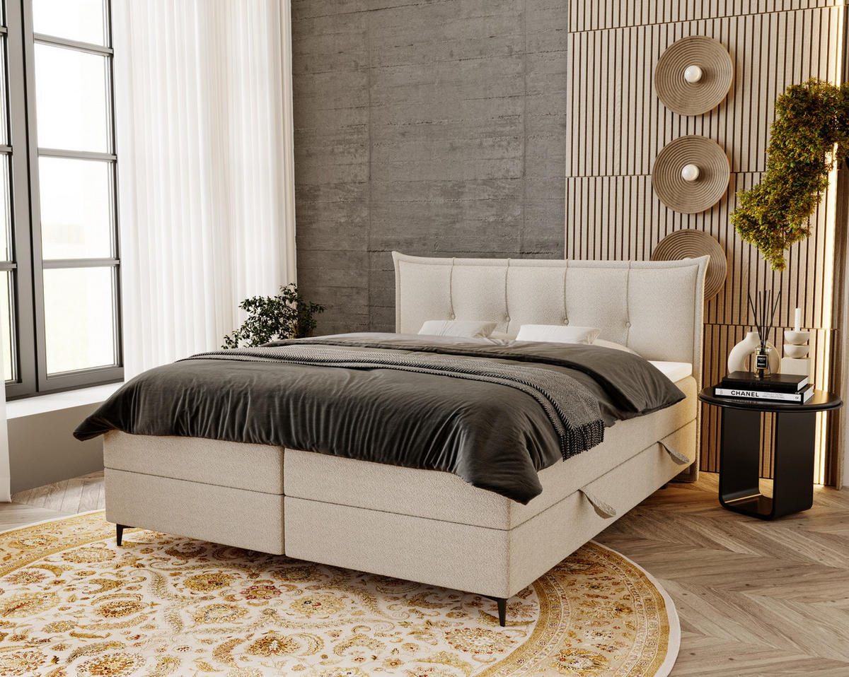 BOXSPRINGBETT Boucle 180x200 Liron mit Kissen-Kopfteil und Matratze, Creme - Creme, Holz/Textil (180/200cm) - Emporius