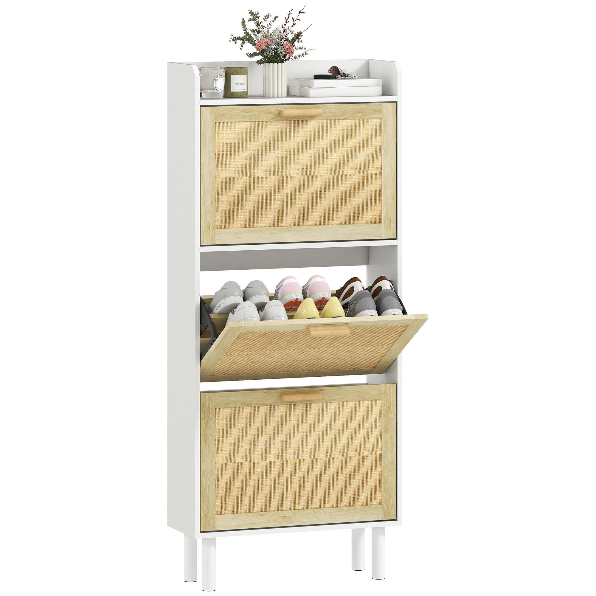 SCHUHSCHRANK DE-15057 3 Klapptüren mit geflochtener Resin-Optik Natur - Weiß, Holzwerkstoff (65/153/24.5cm) - ComfortXL