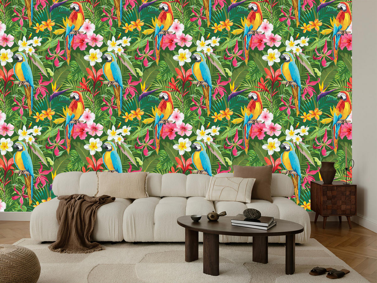 VLIESTAPETE Tropische Papageien – Grün, Bunt – 50x1000 cm - Multicolor/Grün, Papier (50/1000cm) - Muralo