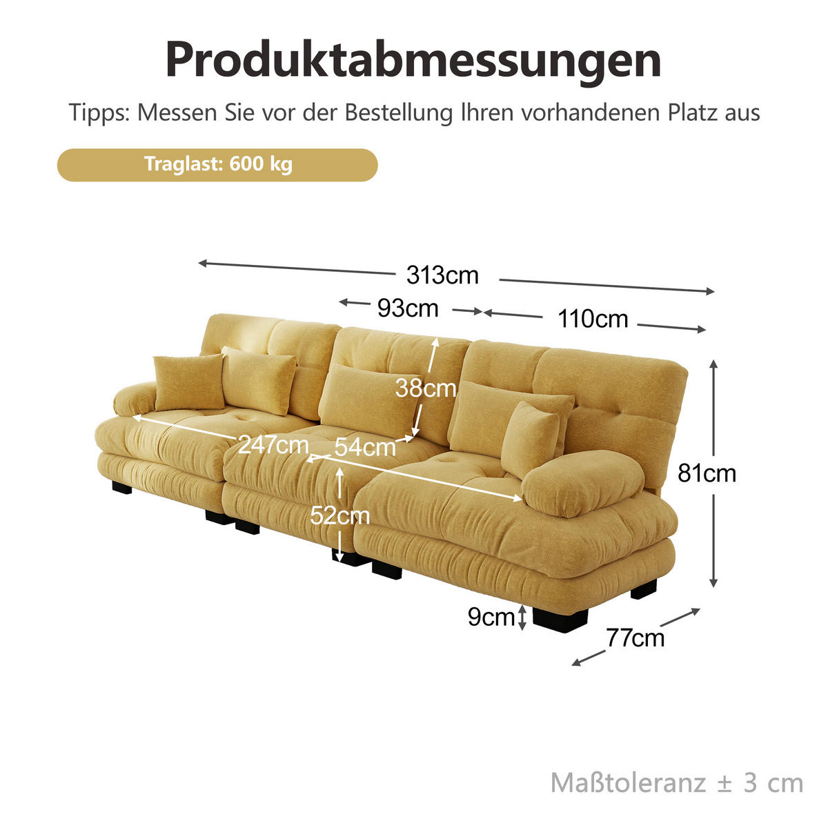 3-SITZER-SOFA DE-34065 modular mit Tiefensitz Grau - Gelb, Holz (77/81/313cm) - ComfortXL