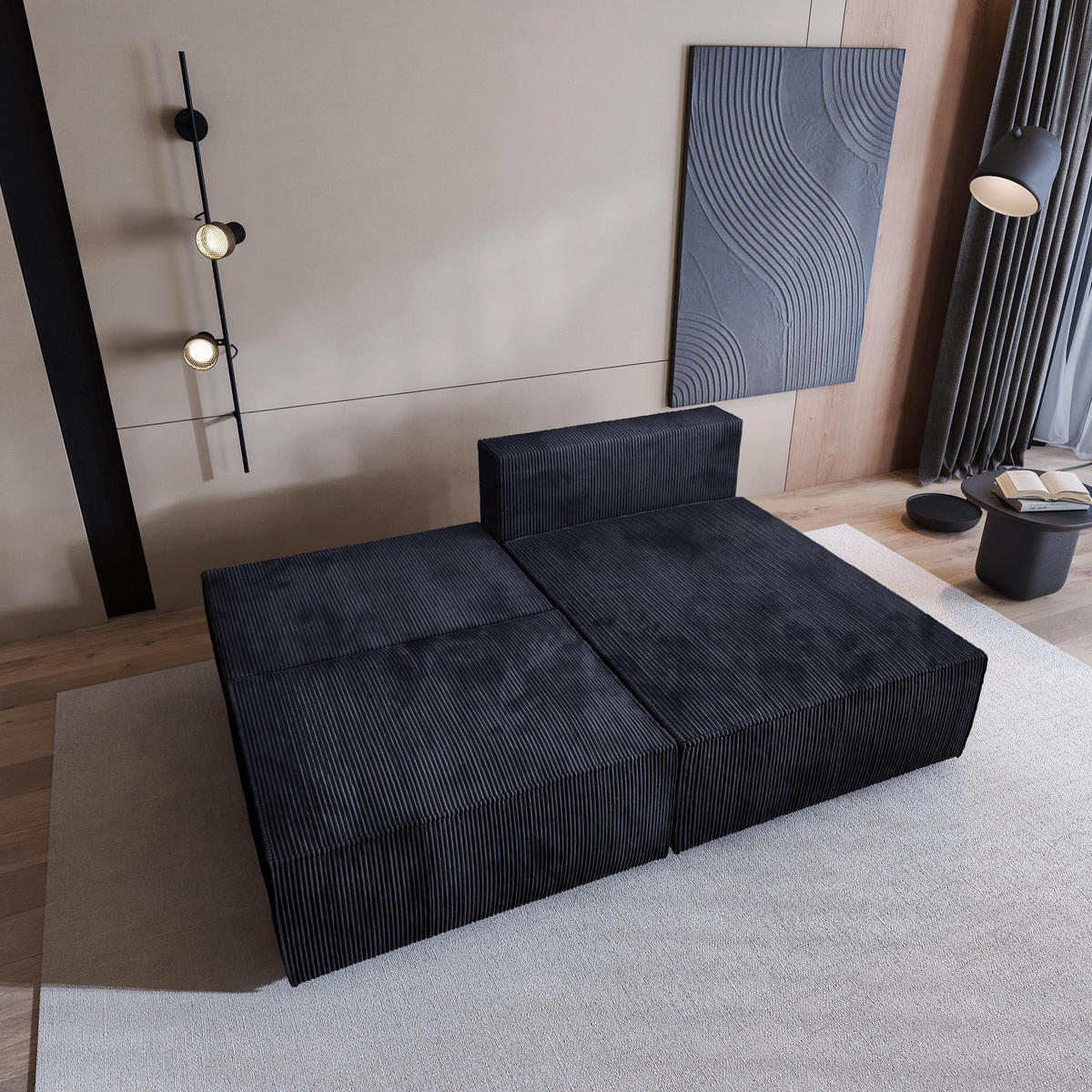 ECKSOFA FIORO P Schwarz Kordstoff mit Schlaffunktion - Schwarz/Grau, Holz/Kunststoff (204/148cm) - MASSENO
