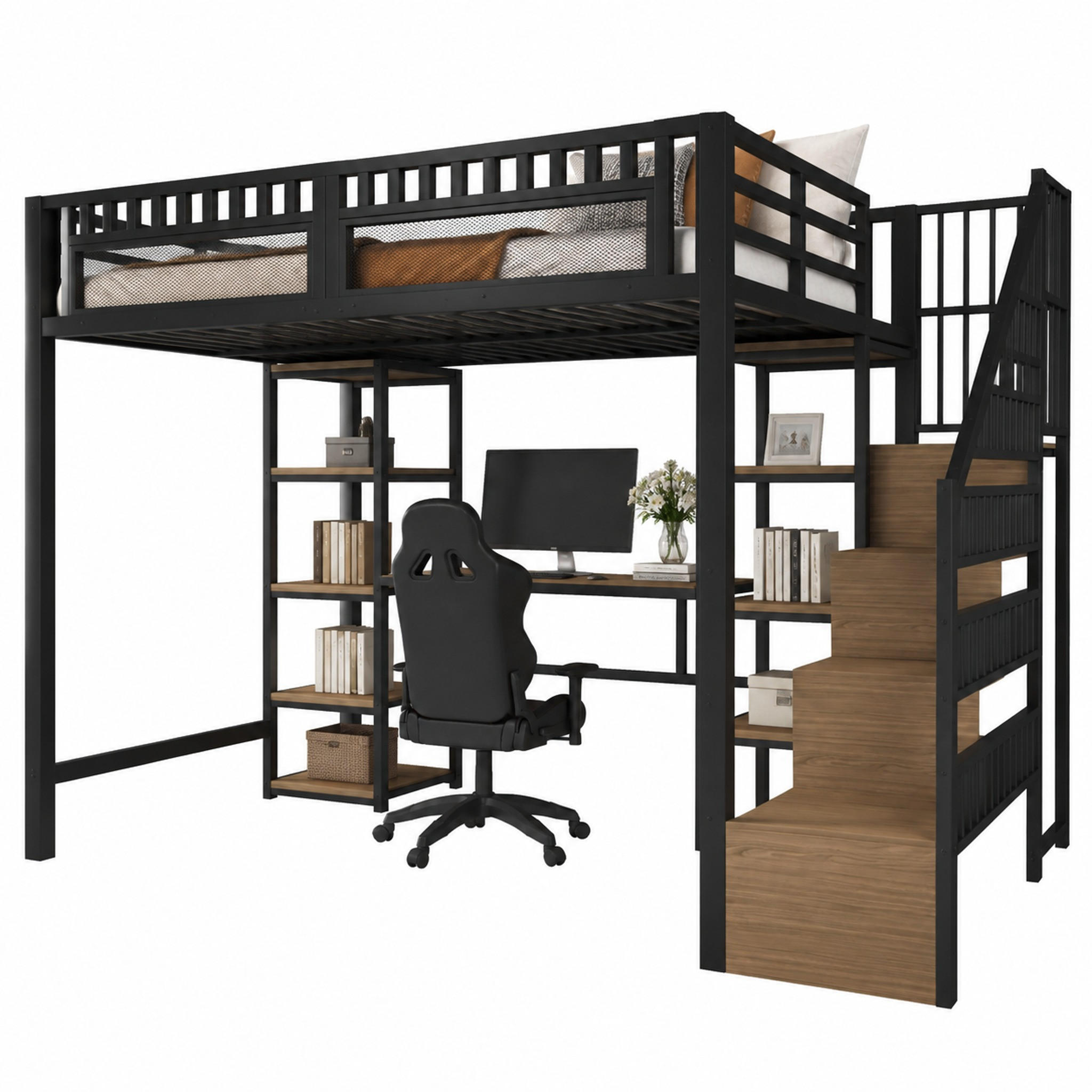 HOCHBETT mit Schreibtisch 140x200 cm Metall Schwarz - Schwarz, Metall (140/200cm) - Meubliv
