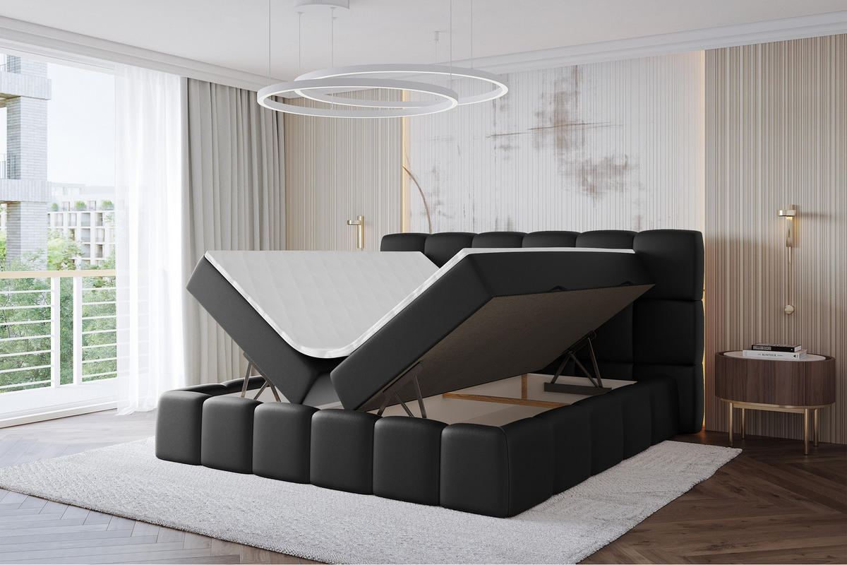 BOXBETT - AURI-H4 - 200x200 Schwarz Kunstleder - Schwarz Hochglanz, Holzwerkstoff (200/200cm) - ALTDECOR