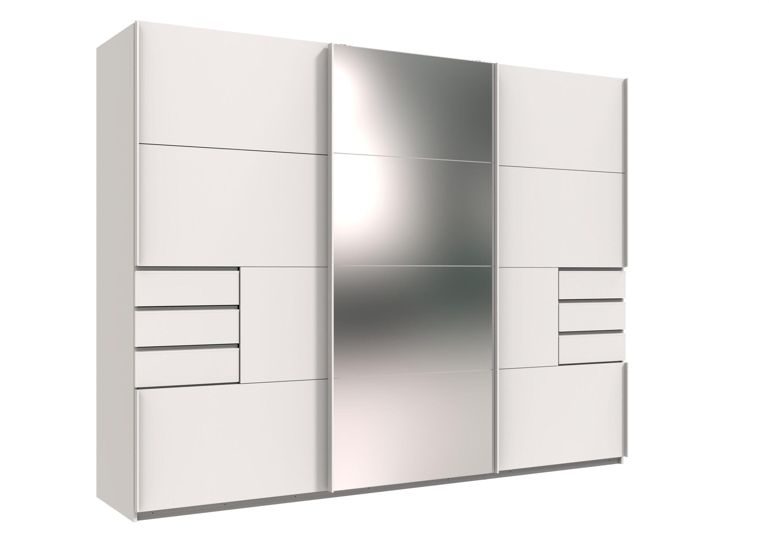 KLEIDERSCHRANK Saigon in Weiß und weißen Griffen mit einer Spiegel Türfront – Schwebetürenschrank 3 türig - 270 cm Breite - Weiß, Holzwerkstoff (80/200/120cm)