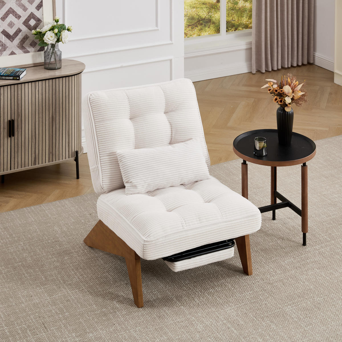 SESSEL Cord Beige mit verstellbarer Rückenlehne und Lendenkissen - Beige, Holzwerkstoff/Textil (73/90/127cm) - WISHDOR