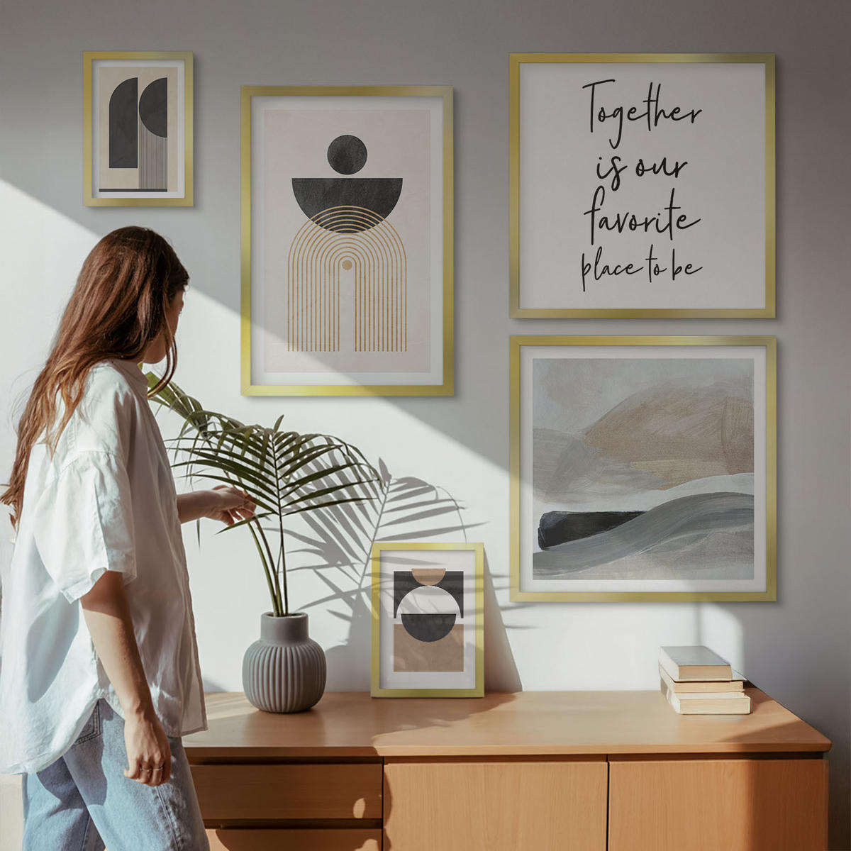 BILDER SET 5er Set - 50x50 cm & 20x30 cm & 40x60 cm Goldrahmen - Abstrakte Formen beige braun - Goldfarben, Kunststoff (40/60cm) - TULUP