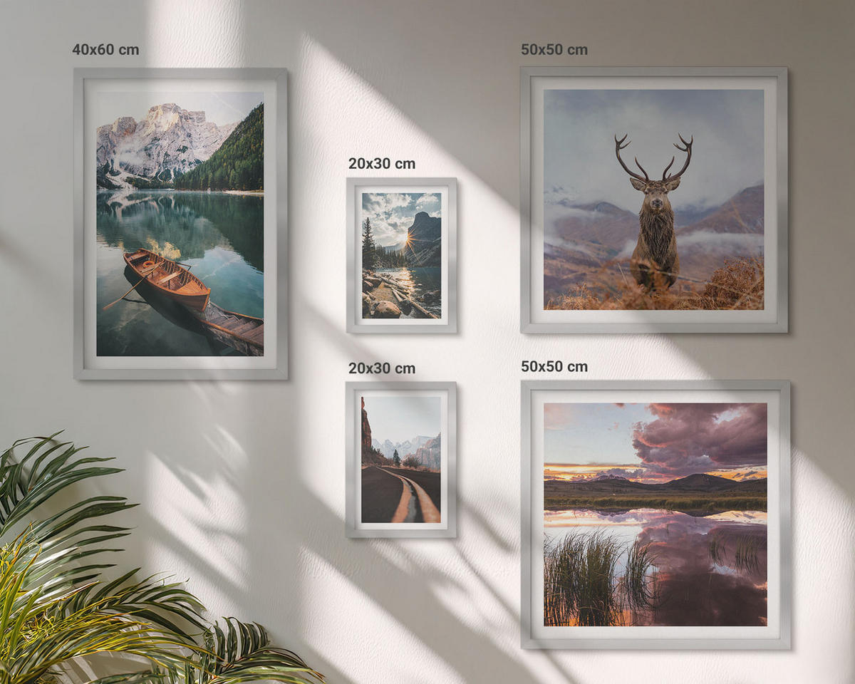 WANDBILDER 5er Set - 50x50 cm & 20x30 cm & 40x60 cm Silberner Rahmen - Bergsee, Bootsfahrt, Sonnenuntergang, Hirsche - Silberfarben, Kunststoff (40/60cm) - ArtPrintCave