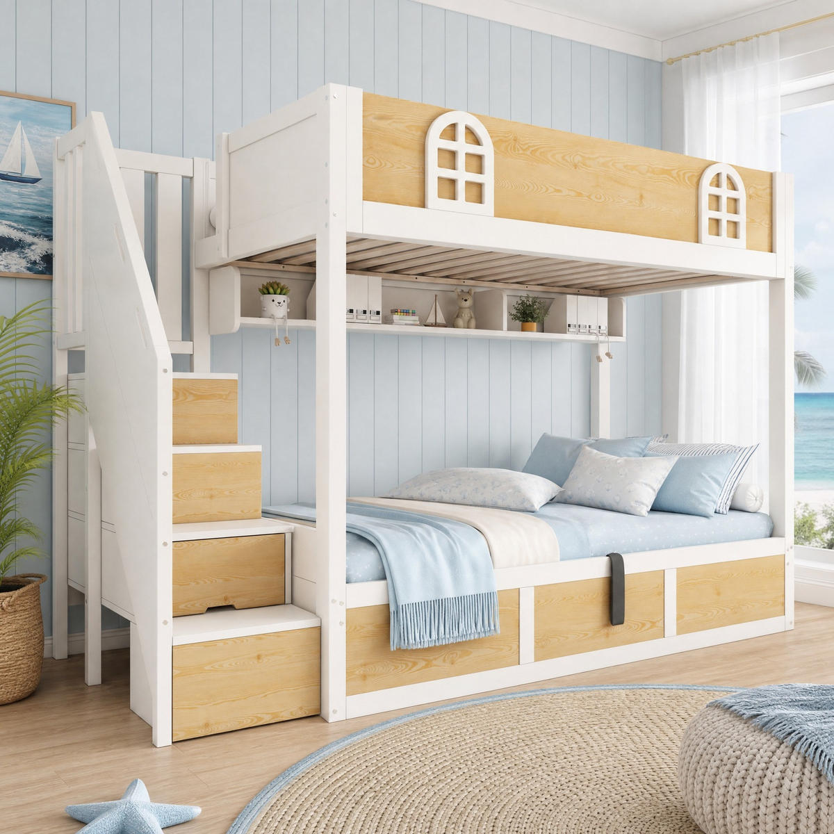 ETAGENBETT 90/200 mit Treppenschrank, Stauraum und Sicherheitsgeländer - Weiß/Naturfarben, Holz/Holzwerkstoff (90/200cm) - EVRYAE