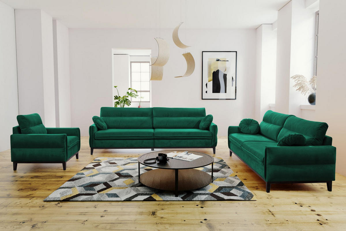 SITZGARNITUR Belweder, zwei Sofas+Sessel, Dunkelgrün, Velours - Wengefarben/Dunkelgrün, Holz/Textil (268/95/94cm) - Beautysofa