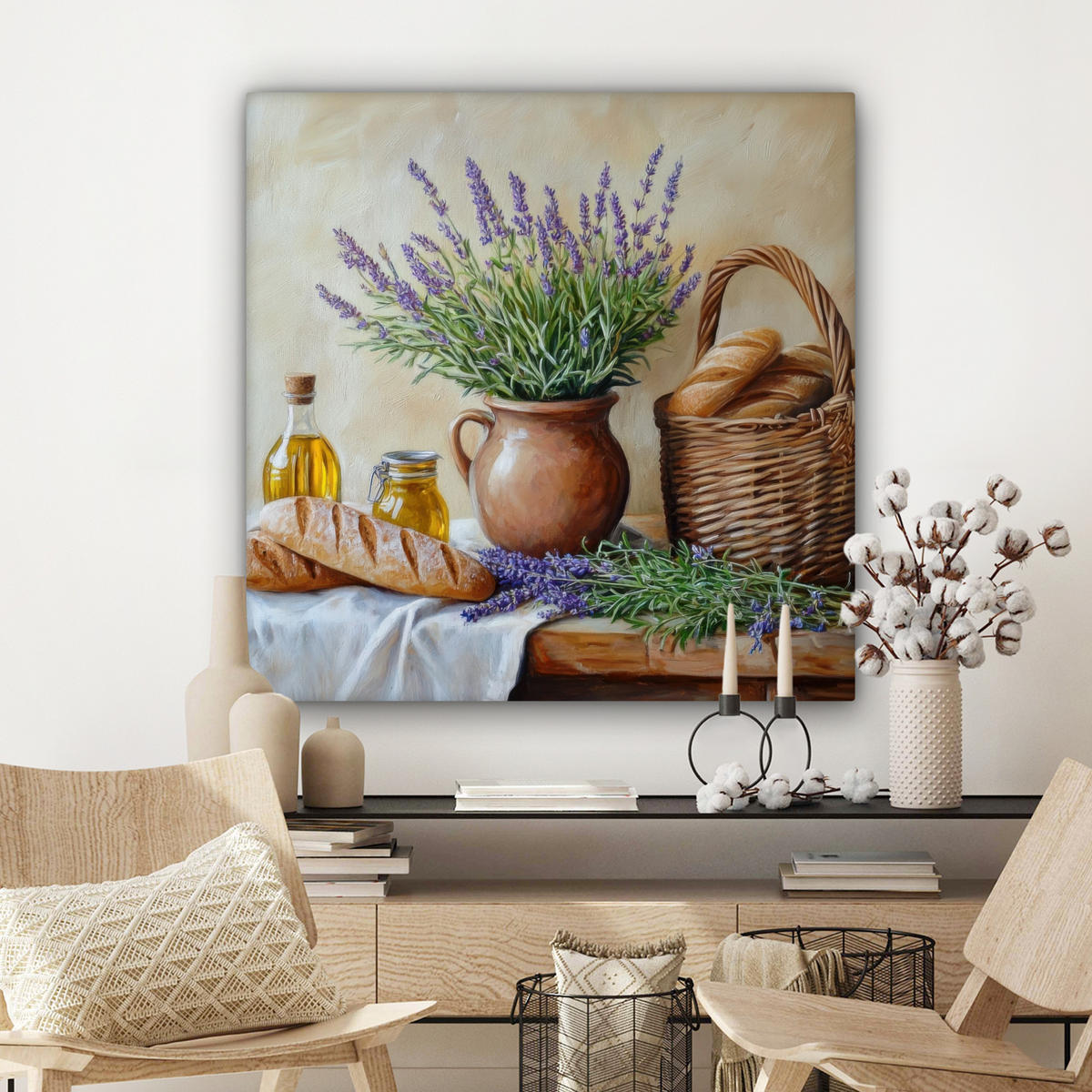 LEINWANDBILD Lavendel - Brot - Stilleben Deko Groß 90x90 cm - Flieder, Textil (90/90cm) - MuchoWow