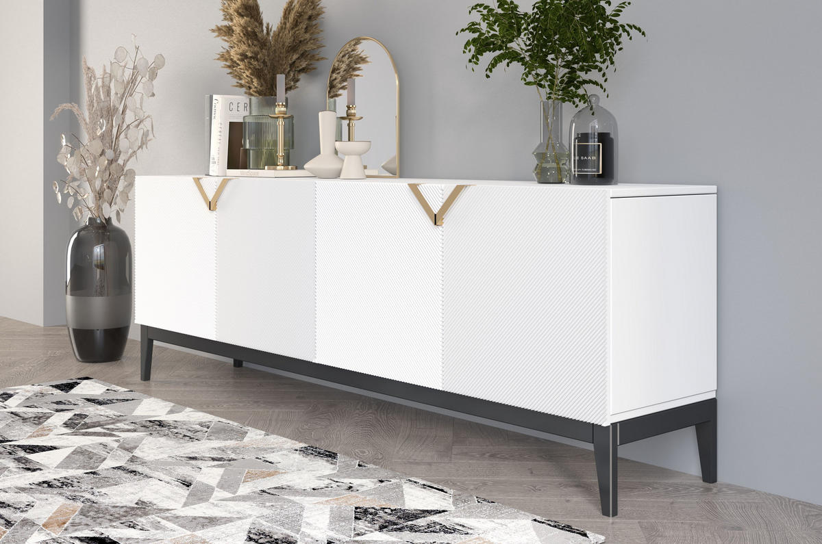 SIDEBOARD Demi Long, Weiß-Schwarz-Gold, Mit Gefrästen Fronten, Massive Buche - Goldfarben/Schwarz, Holz/Holzwerkstoff (201.5/70/42cm) - Visby