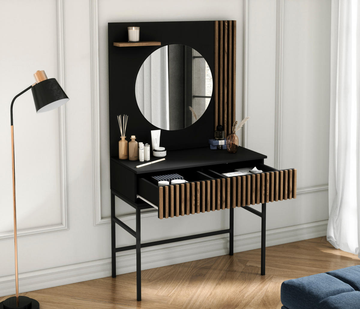KONSOLETISCH - Konsole/ Schminktisch Meteor (Schwarz + Artisan) - Schwarz, Holzwerkstoff/Metall (60/85/155cm) - Möblo