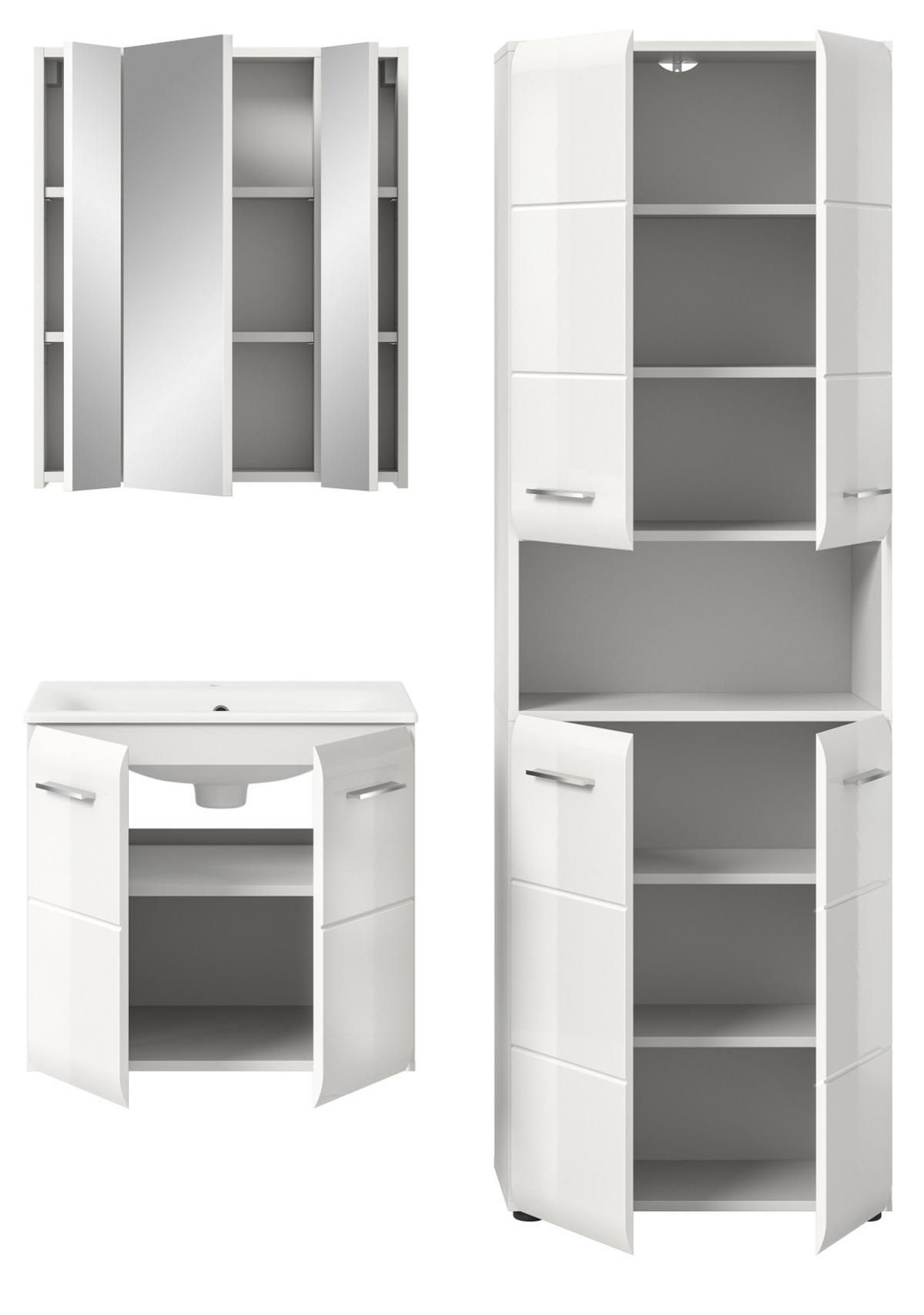 BADMÖBEL-SET 3-teilig in weiß Hochglanz inkl. Waschbecken 135 x 185 cm Cover - Weiß Hochglanz/Silberfarben, Holzwerkstoff/Kunststoff (135/185/46cm) - Inn.Furn