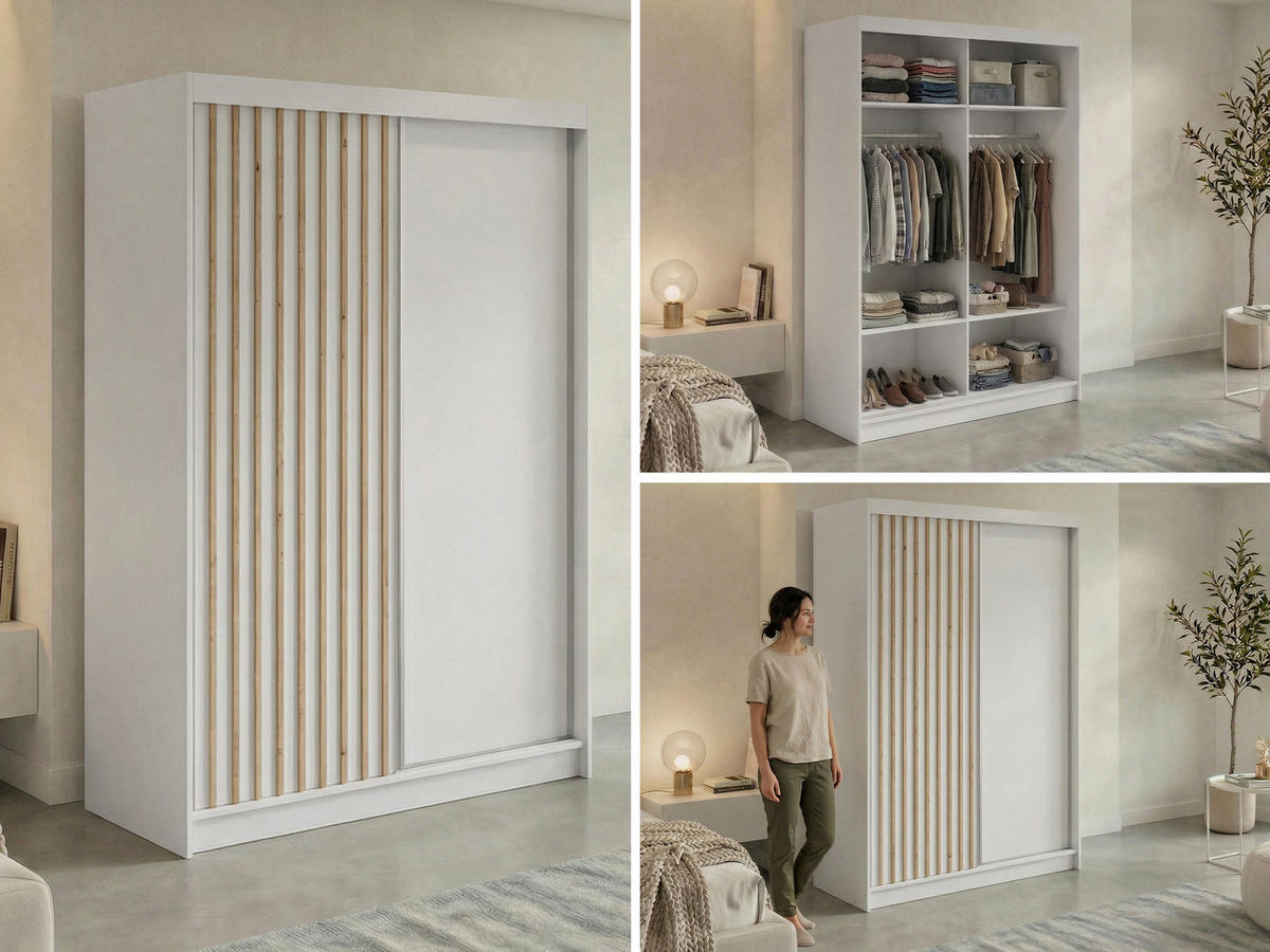 SCHWEBETÜRENSCHRANK mit Lamellen LUMOS - 150 - Weiß und Eiche Artisan - Alufarben/Weiß, Holzwerkstoff/Metall (150/216/61cm) - MKS