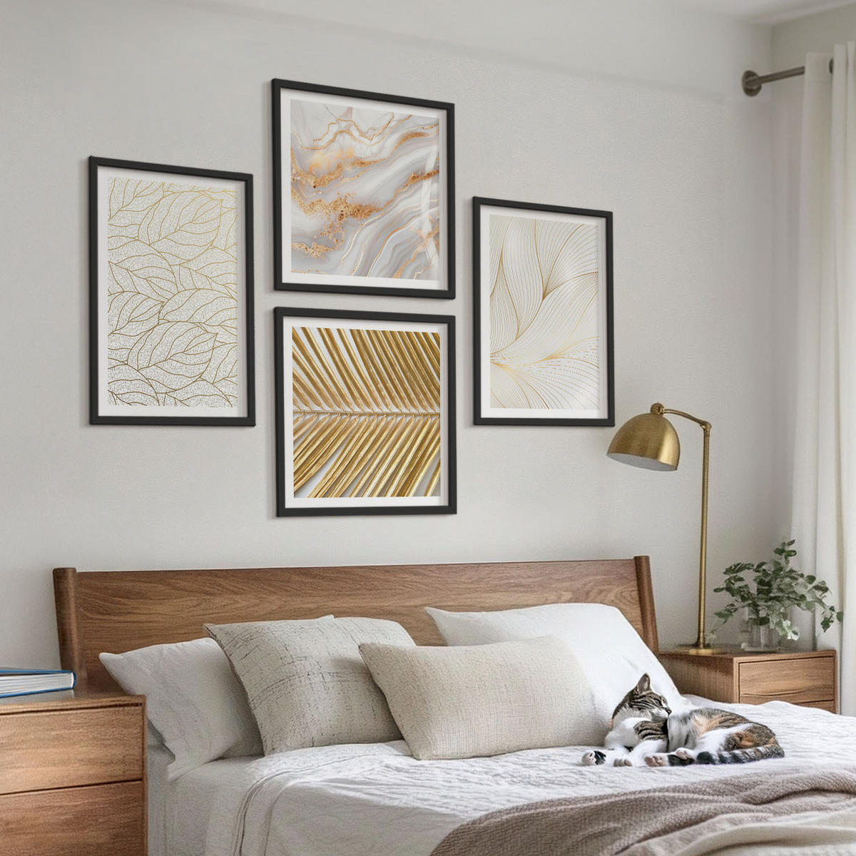 WANDBILDER 4er-Set - 50x50 cm & 40x60 cm Schwarzer Rahmen - Blattmuster Marmor abstrakt - Schwarz, Kunststoff (50/50cm) - ArtPrintCave