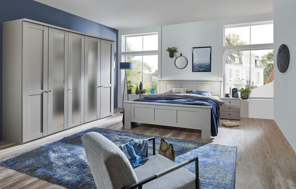 SCHLAFZIMMER Greenholm in Kieselgrau 4 teilig mit Kleiderschrank 250cm Breite mit Spiegel, Doppelbett 180x200cm, zwei Nachttisch - Grau, Holzwerkstoff (80/200/120cm)