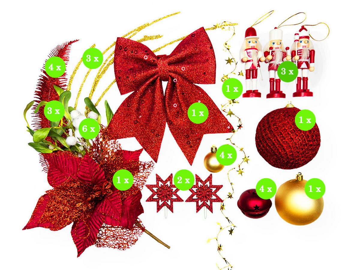WEIHNACHTSBAUM künstlicher 60 cm mit LED-Beleuchtung, ROTERNUSSKNACKER, mit 35 Weihnachtsbaumschmuck, Pflanztopf mit Jutesack - Rot/Goldfarben, Kunststoff/Stein (40/60cm) - LAALU