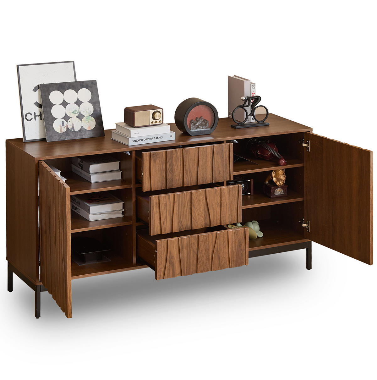 SIDEBOARD 150/40/80 cm in Dunkelbraun mit 3 Schubladen & verstellbaren Böden - Naturfarben, Holzwerkstoff (150/80/40cm) - BEAOK