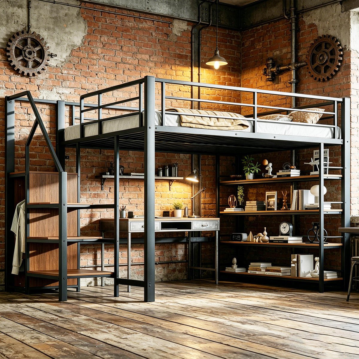 HOCHBETT mit Stauraumtreppe 140x200 cm Metall Schwarz - Schwarz, Metall (140/200cm) - Meubliv