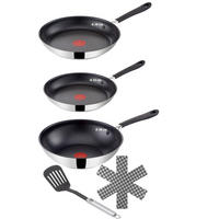 PFANNENSET Edelstahl E85711 Jamie Oliver 5-Teilig – Bratpfanne 24/28 cm, Wok Ø28 cm, Pfannenwender & 3 Filzpfannenschoner, Induktion geeignet - Silberfarben, Metall - Tefal