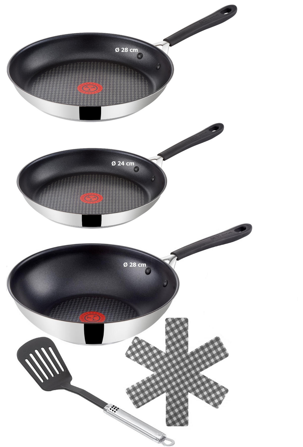 PFANNENSET Edelstahl E85711 Jamie Oliver 5-Teilig – Bratpfanne 24/28 cm, Wok Ø28 cm, Pfannenwender & 3 Filzpfannenschoner, Induktion geeignet - Silberfarben, Metall - Tefal