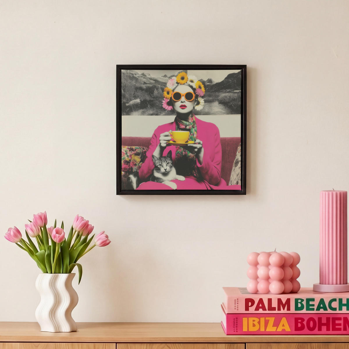 LEINWAND Bilder mit Rahmen - Frau - Katze - Blumen - Tasse - Retro - 20x20 - Magenta, Textil (20/20cm) - MuchoWow