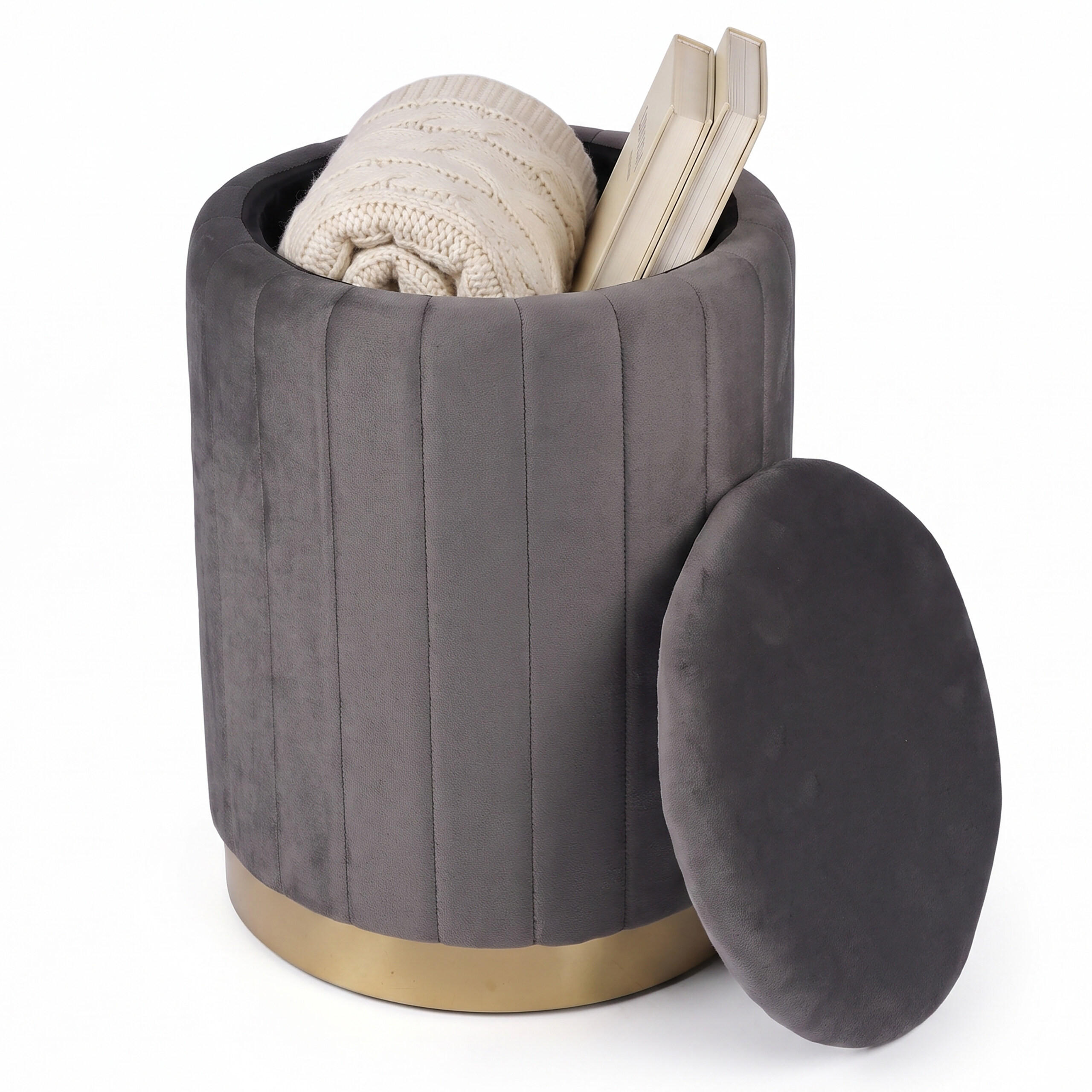 TABURET Tmavosivý zamat s úložným priestorom 42x32 cm - antracitová, kompozitné drevo/textil (32/42/32cm) - Relaxdays