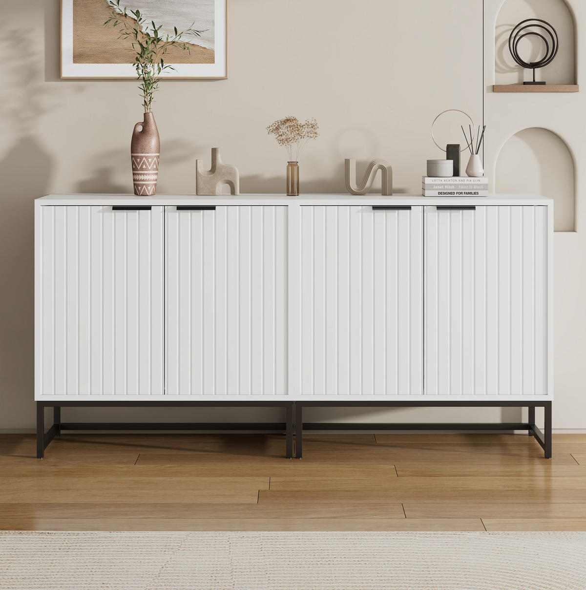 SIDEBOARD in Weiß mit Wellen-Optik Tür und Metallgriffen, 160/40/80 cm, Weiß - Weiß, Holzwerkstoff (160/80/40cm) - Redom