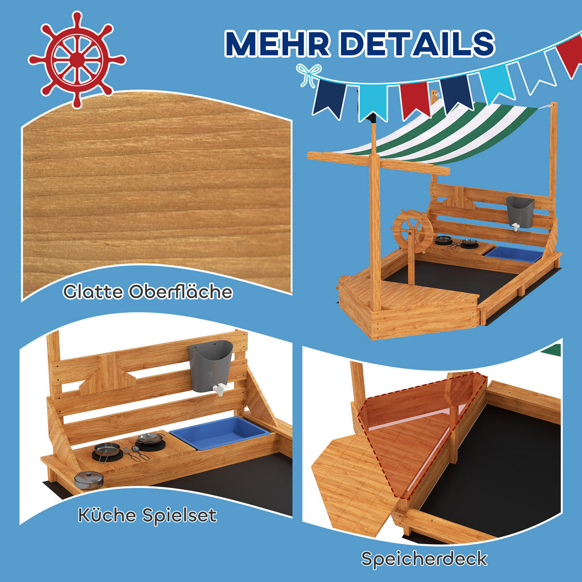 SANDKASTEN groß mit Abdeckung im Schiff Design Matschekiste aus Holz - Orange, Holz (180/103/144.5cm) - Outsunny
