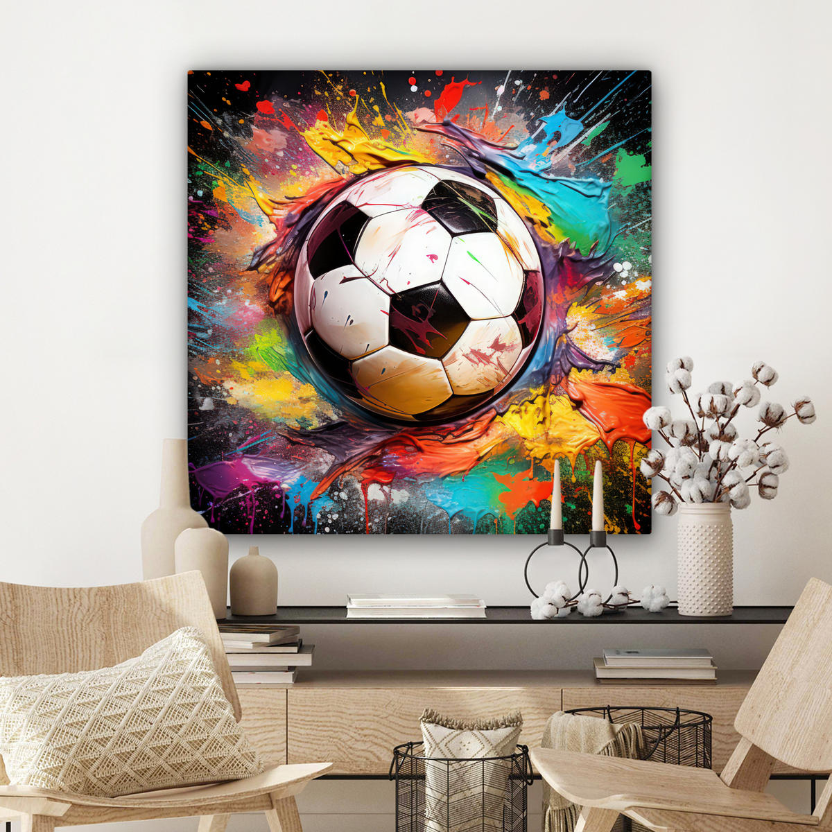 LEINWANDBILD Fußball - Farbe - Farben - Schwarz - Weiß Deko Groß 90x90 cm - Weiß, Textil (90/90cm) - MuchoWow