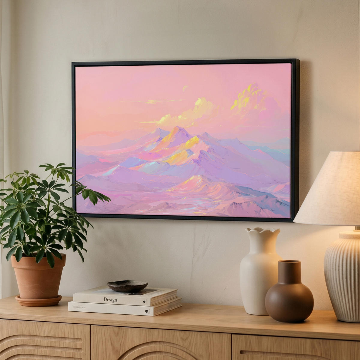 LEINWAND Bilder mit Rahmen - Berggipfel - Wolken - Verträumt - 60x40 - Hellrosa, Textil (60/40cm) - MuchoWow