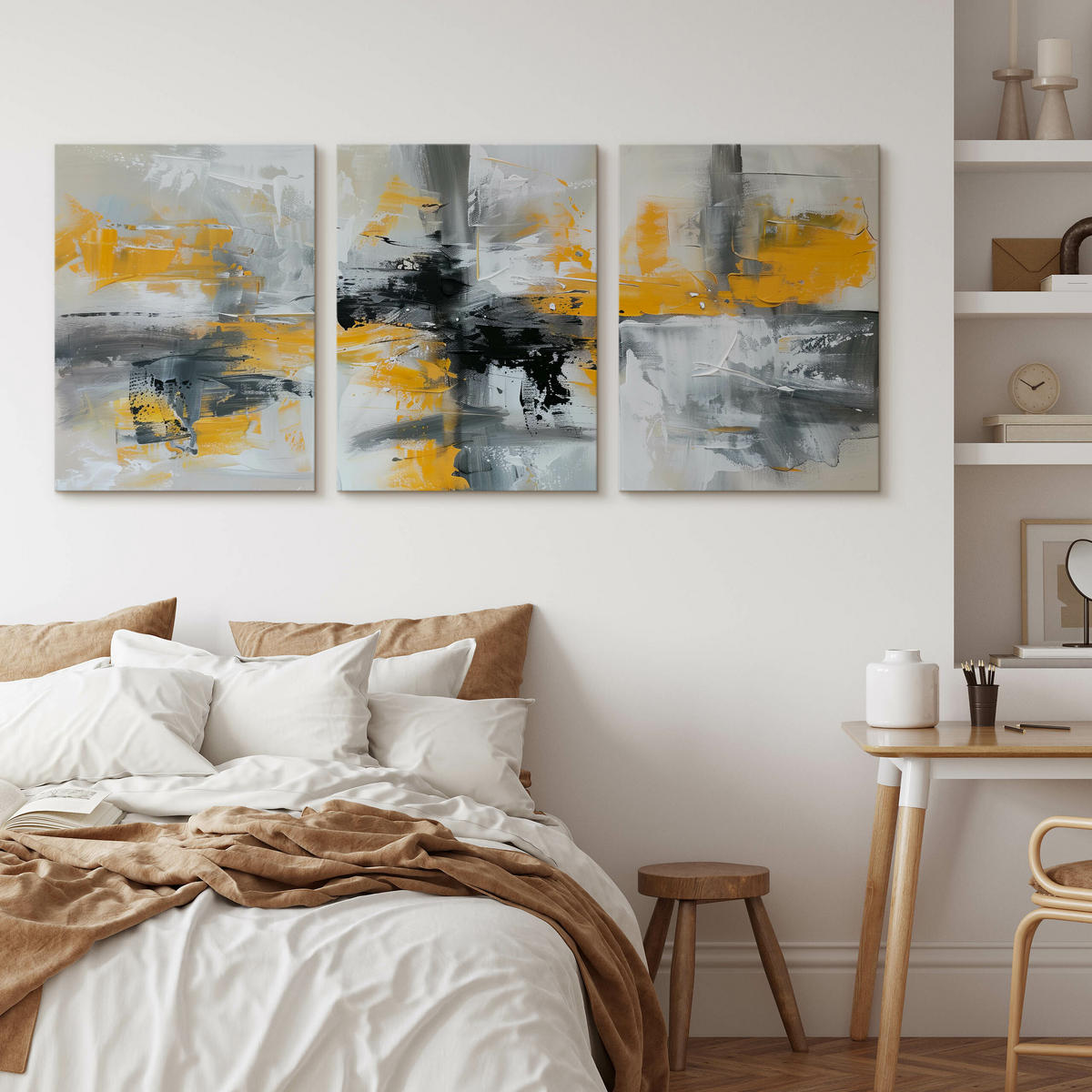 LEINWANDBILDER 3-es Set Abstrakte Kunst - Beige/Gelb, Textil (90/40cm) - Muralo