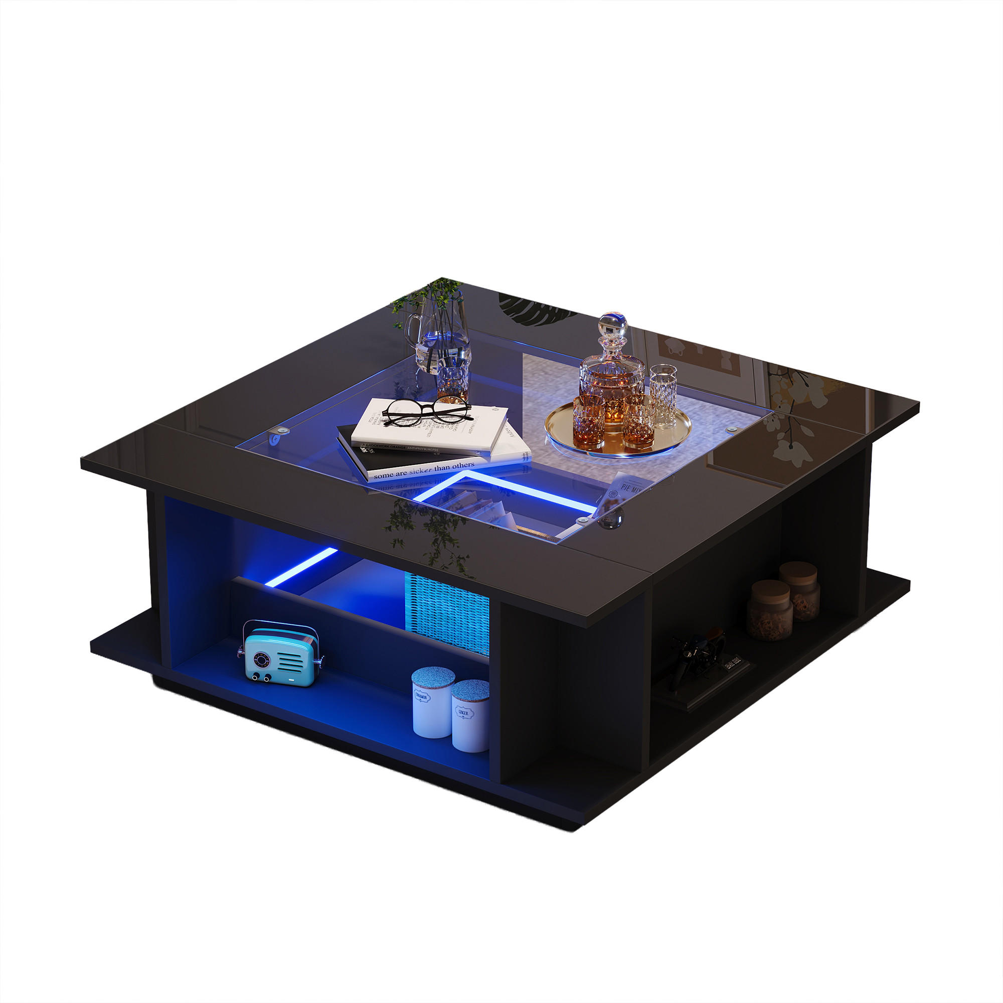 STILVORA KONFERENČNÍ stůl černý se skleněnou deskou a LED osvětlením do obývacího pokoje, 70×70×30 cm
