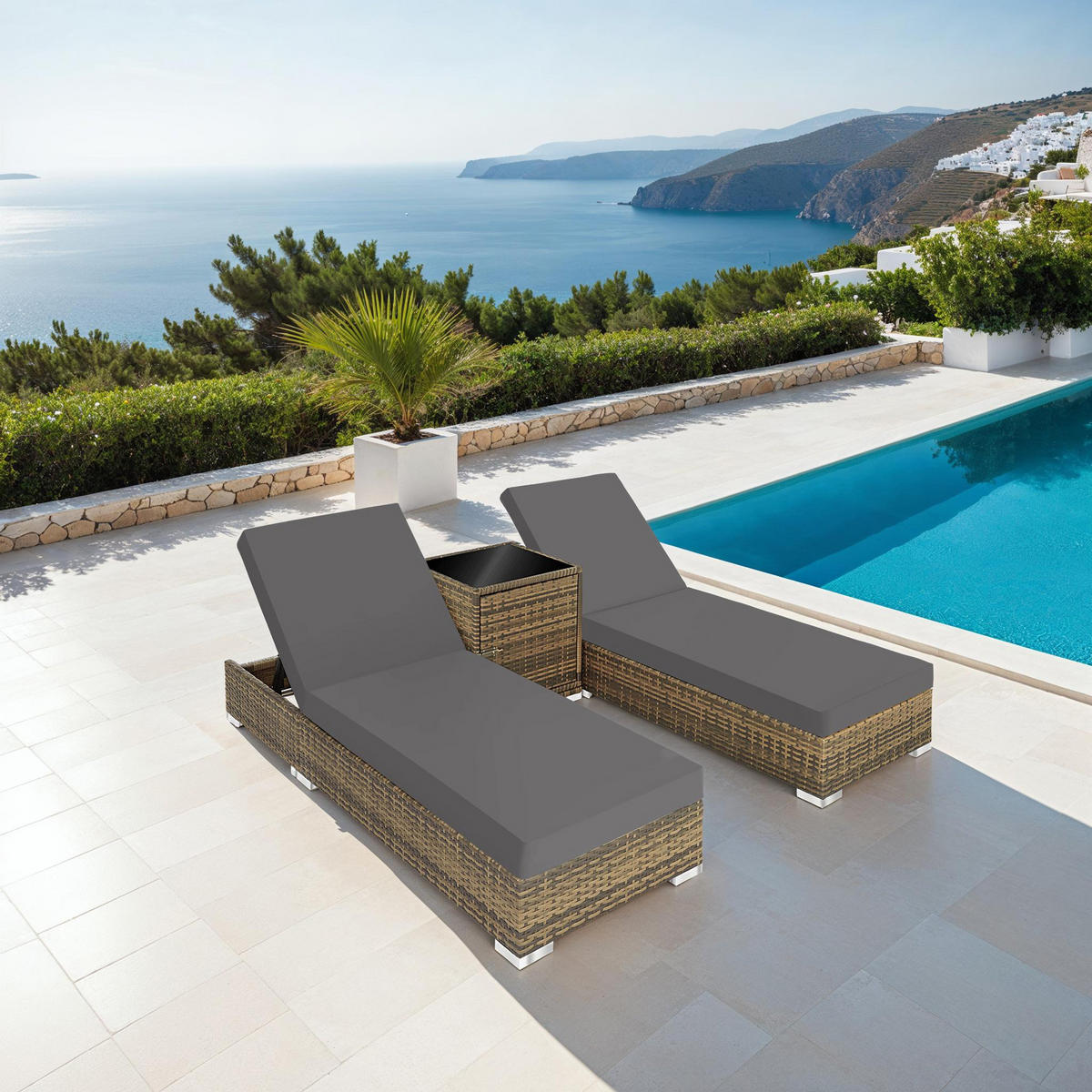 RATTAN-SONNENLIEGE 2er Set,wetterfest und UV-beständig,natur - Naturfarben, Kunststoff (60/21/184cm) - tectake