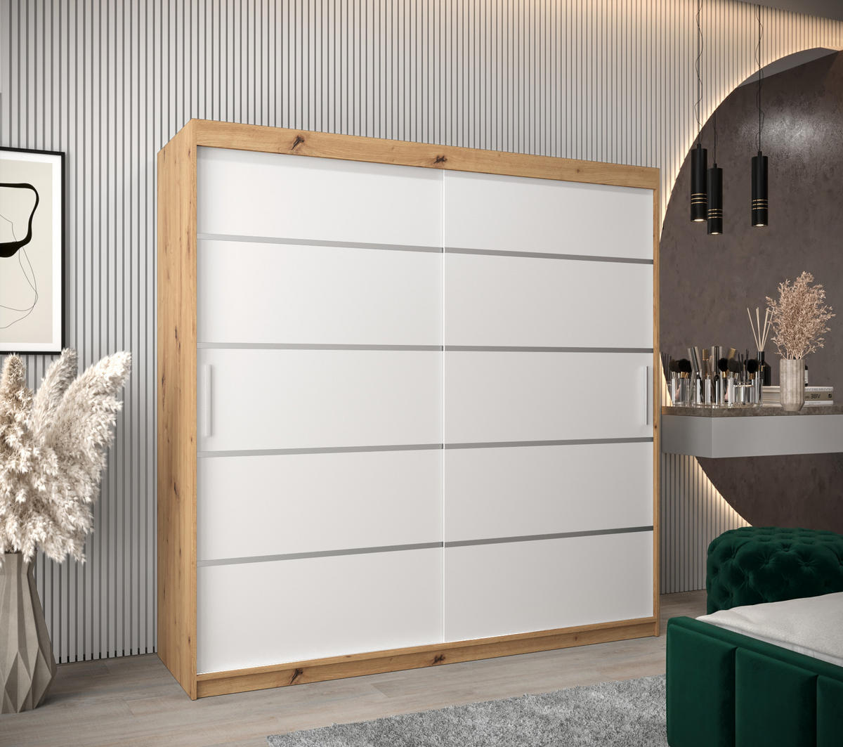 SCHWEBETÜRENSCHRANK 200/200/62 2-türig - Silberfarben/Weiß, Holz/Kunststoff (200/200/62cm) - MÖBEL KRYSPOL