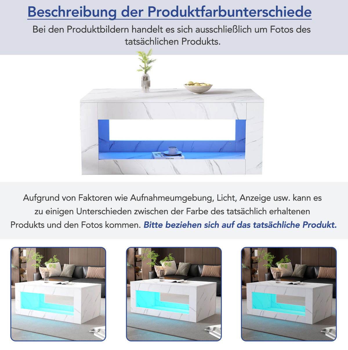 COUCHTISCH 100/50/50 cm in Weiß mit LED-Beleuchtung und offenem Stauraum - Weiß, Holzwerkstoff (100/50/50cm) - Flora Grace
