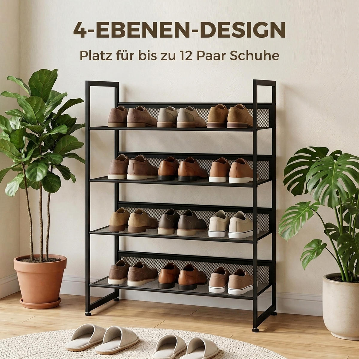 SCHUHREGAL, für max. 12 Paar Schuhe, Stahl, 72 x 30 x 82.7 cm, Schwarz - Schwarz, Metall (30/82.7/72cm) - HOMCOM