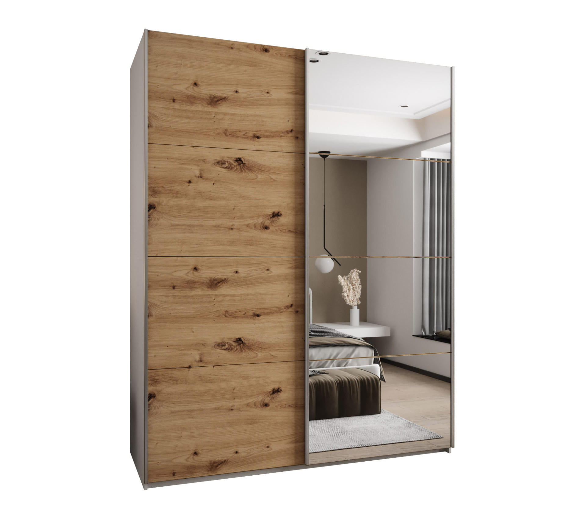 Abiks Möbel Schwebetürenschrank Weiß, Eiche Artisan, Silber 200x245x64 cm