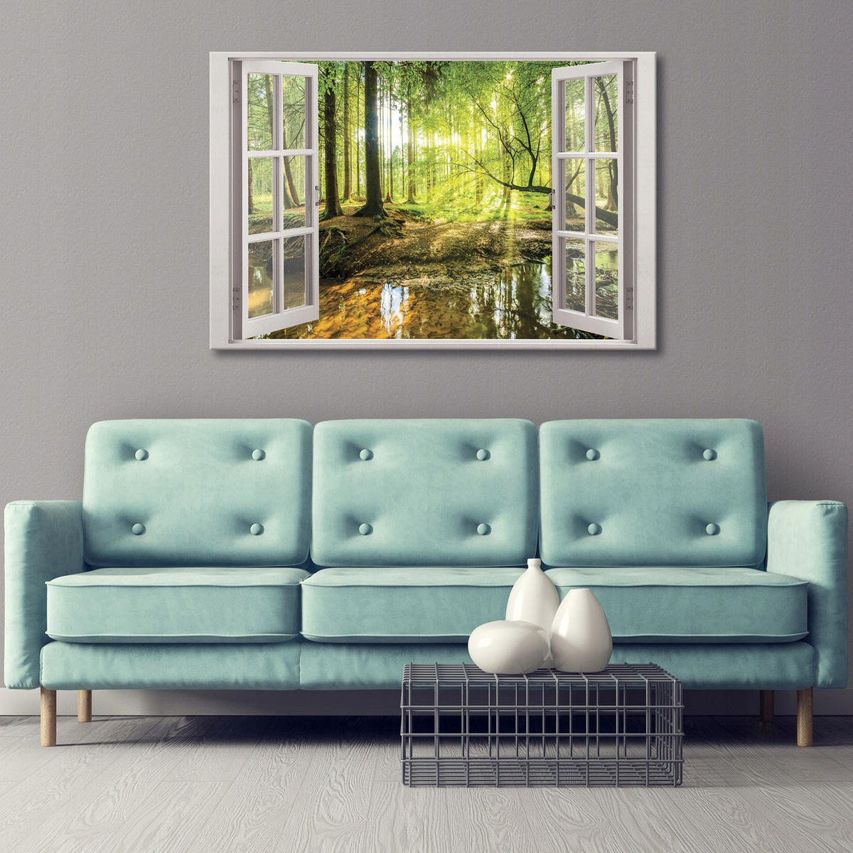LEINWAND BILDER Fenster Wald Wohnzimmer 100x70 - Multicolor, Holzwerkstoff (100/70cm) - Wallarena