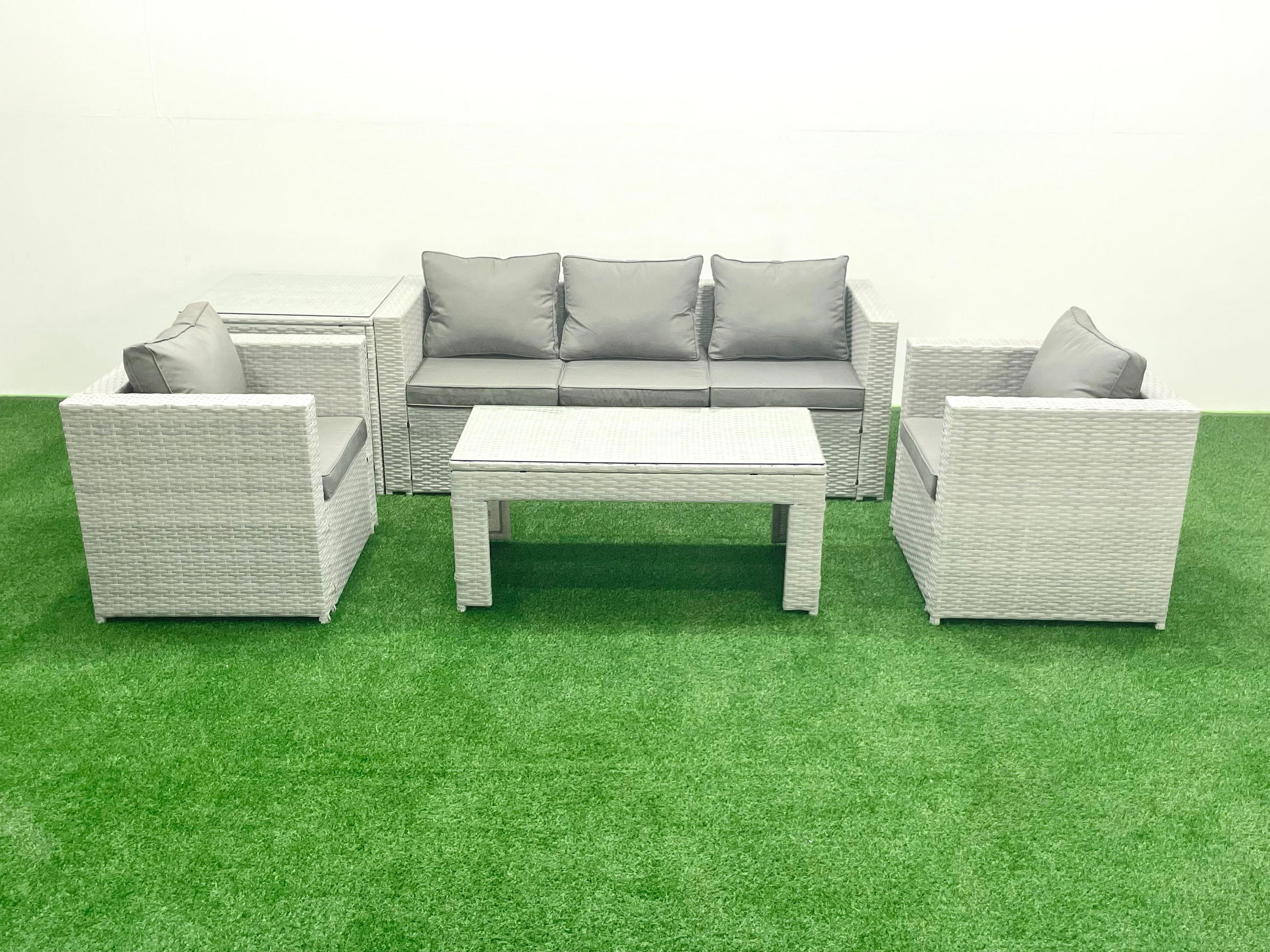 GARTENSET mit 3-SITZER SOFA,COUCHTISCH Polyrattan Hellgrau-Mix 5-Sitzer - Hellgrau/Grau, Glas/Kunststoff - Fimous