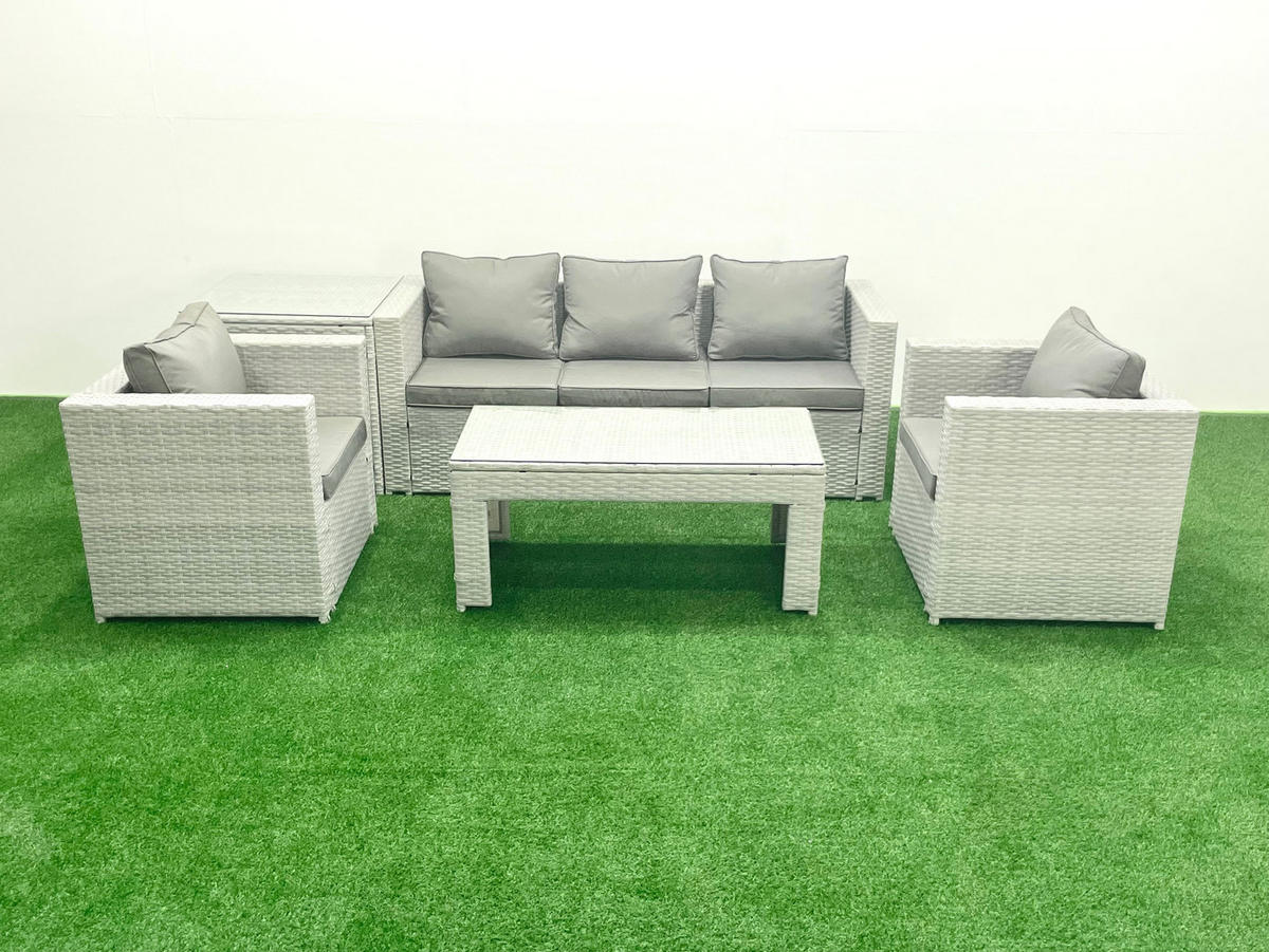 GARTENSET mit 3-SITZER SOFA,COUCHTISCH Polyrattan Hellgrau-Mix 5-Sitzer - Hellgrau/Grau, Glas/Kunststoff - Fimous