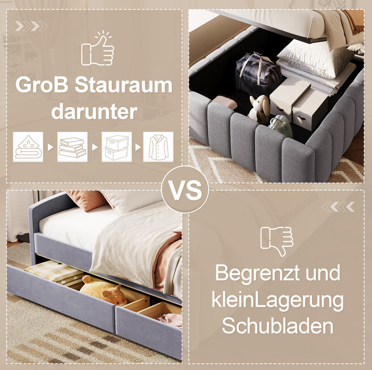 POLSTERBETT 90/200 cm aus Leinen mit ausziehbarem Rollbett und LED-Beleuchtung Beige - Beige, Textil (90/200cm) - Modenvie