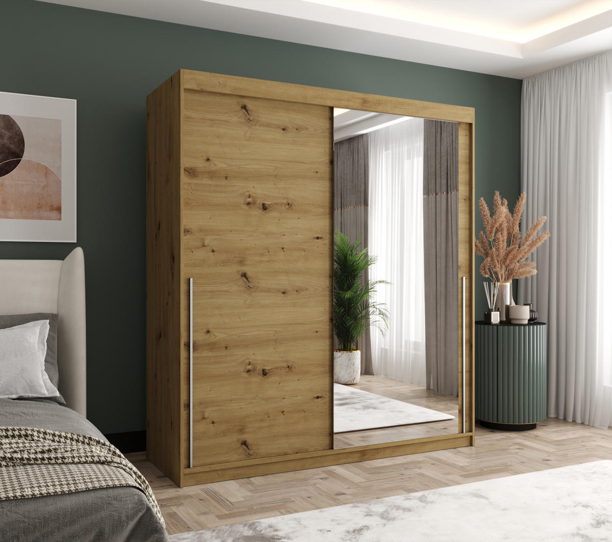 SCHIEBETÜRENSCHRANK mit Spiegel 180 cm Breite Artisan mit silbernem Griff - Silberfarben/Eiche Artisan, Holzwerkstoff (180/200/62cm) - Home Collective