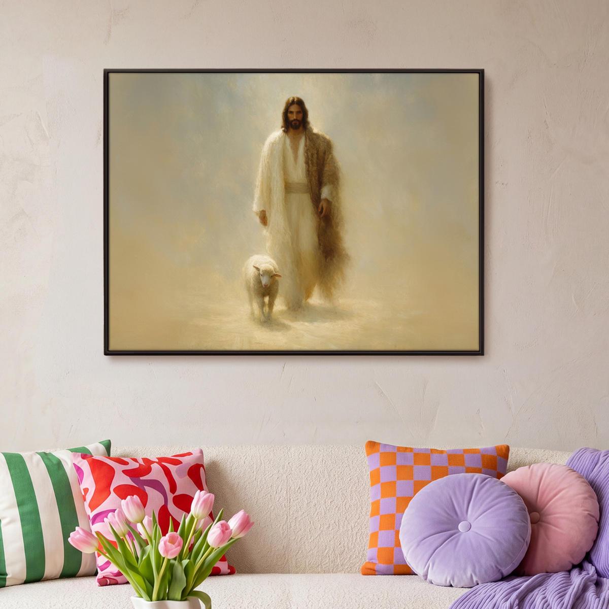 LEINWAND Bilder mit Rahmen - Schaf - Jesus - Pinselstriche - Abstrakt - 100x70 - Beige, Textil (100/70cm) - MuchoWow