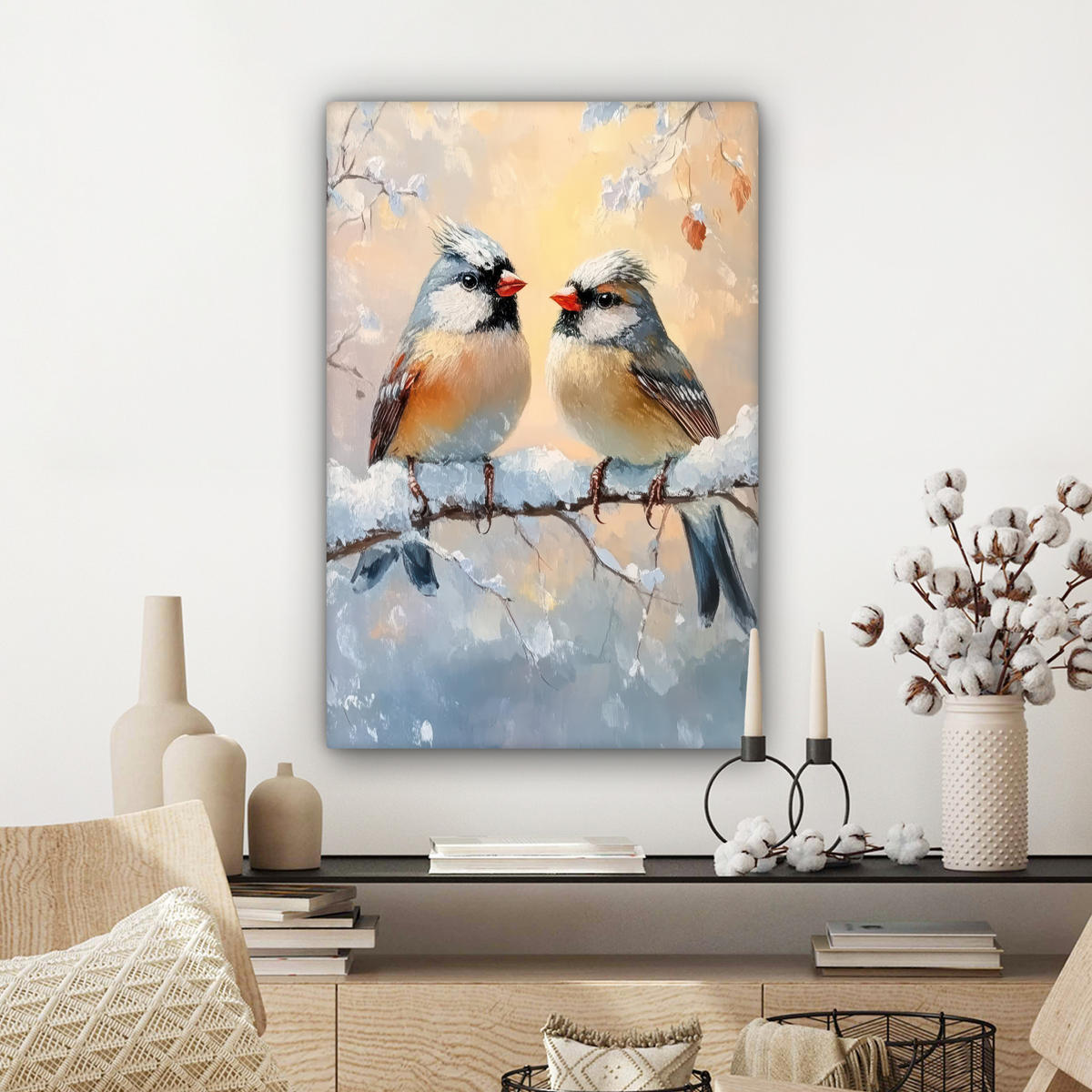 LEINWANDBILD Vögel - Zweig - Winter - Schnee 60x90 cm - Pastellblau, Textil (60/90cm) - MuchoWow