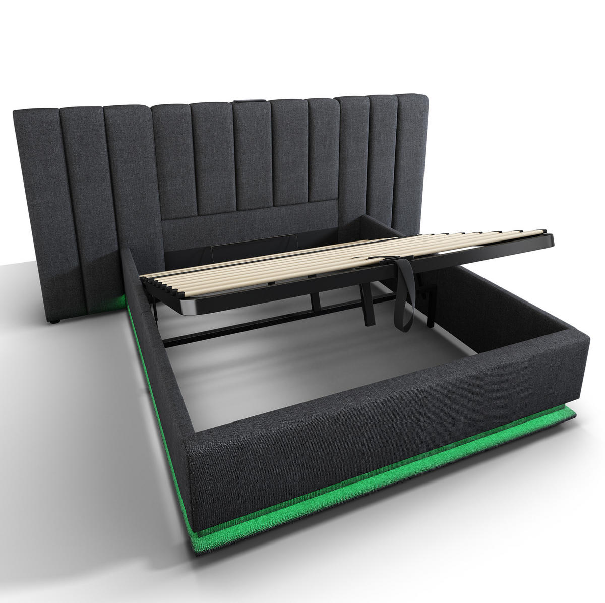POLSTERBETT 160/200 cm Grau aus Leinen mit LED, Stauraum und Ladefunktion - Grau, Textil (160/200cm) - OKMYHOME