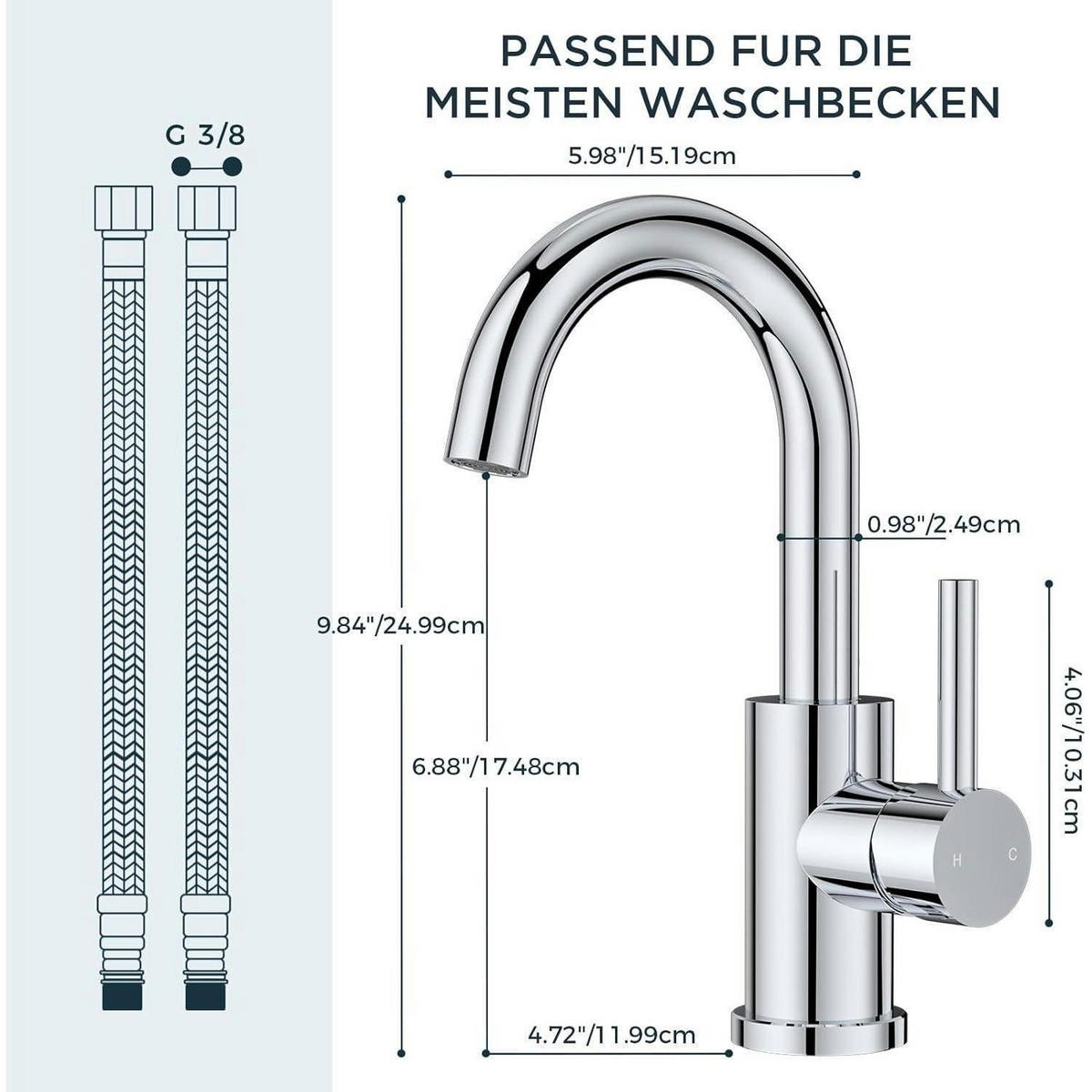 WASCHTISCHARMATUR Hoch 360° drehbar polierter Chrom - Silberfarben, Metall (6.9/12.7/25cm)